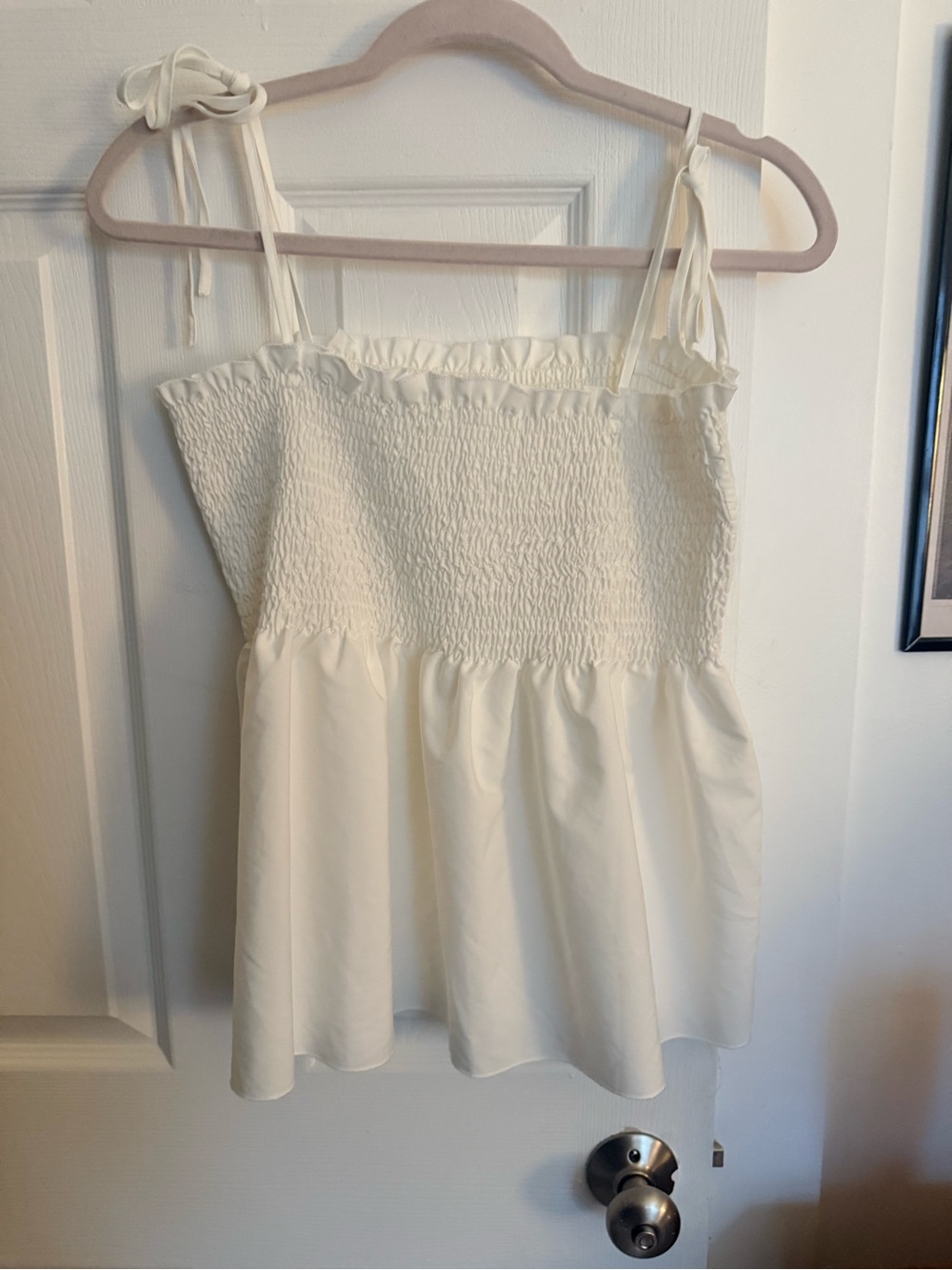 Smocked Peplum Tie-Strap Cami Top in White